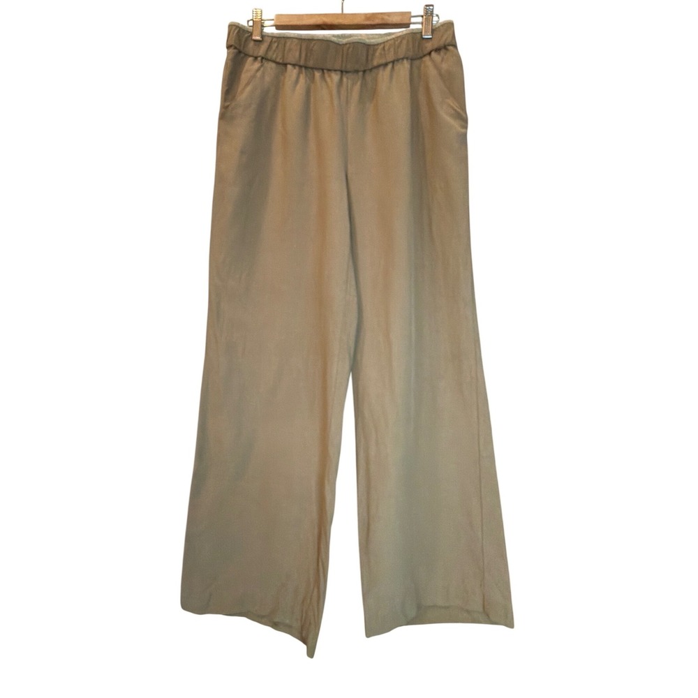 Coldwater Creek Silk Linen Wide Leg Pants Tan Elastic Waist Pockets Medium 10-12